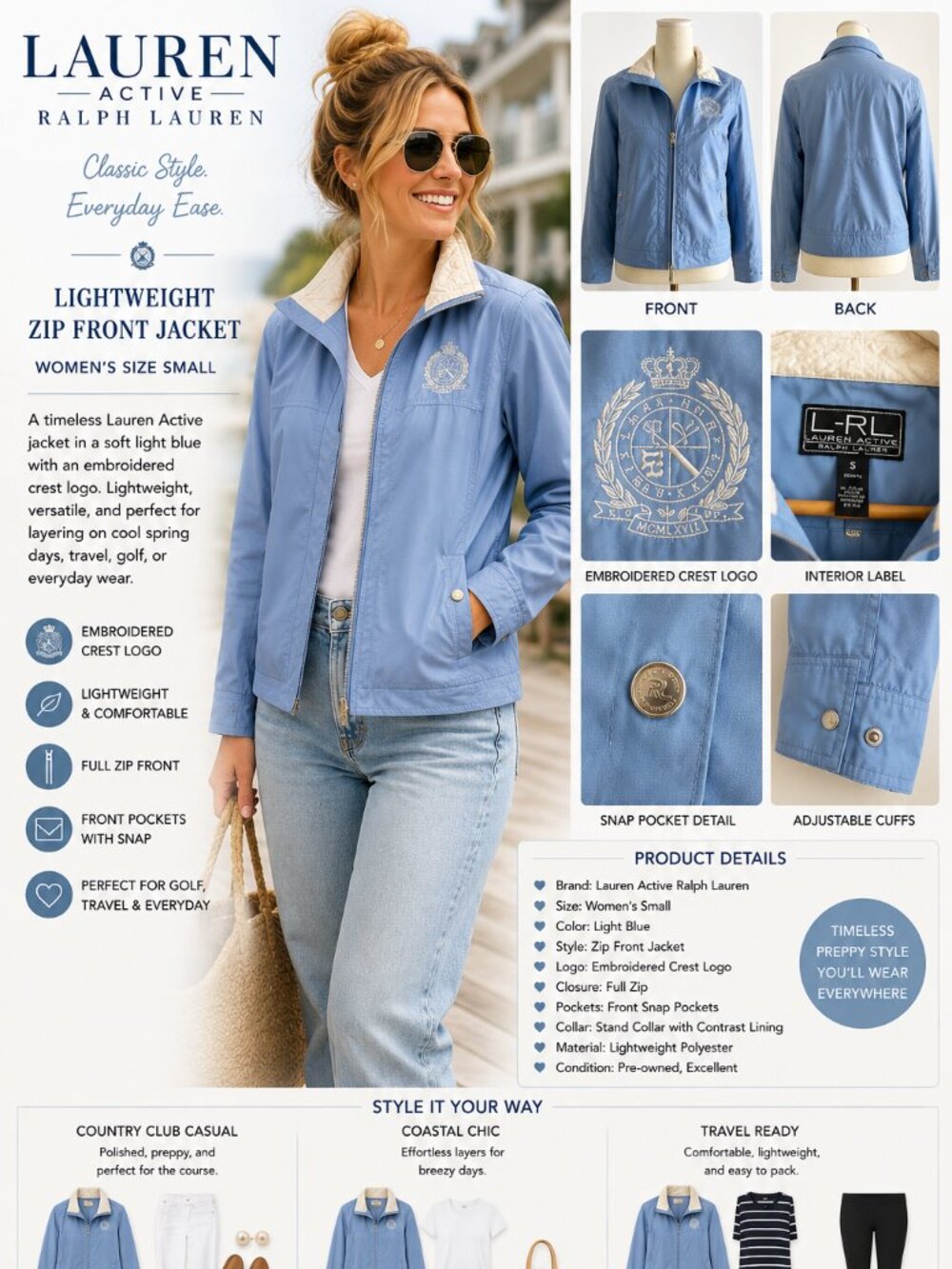 Lauren Active Ralph Lauren Jacket Womens S Light Blue Zip Front Logo Athleisure